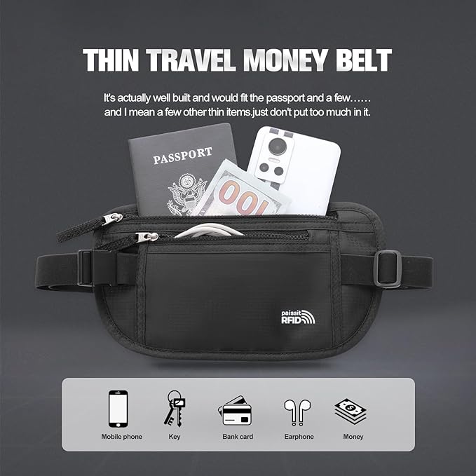 Small Unisex Money Belt For Men and Women, Slim Passport Holder RFID Blocking Travel Essentials Pouch with Adjustable Strap Small Waist Pouch for Workout Running Travelling Hiking