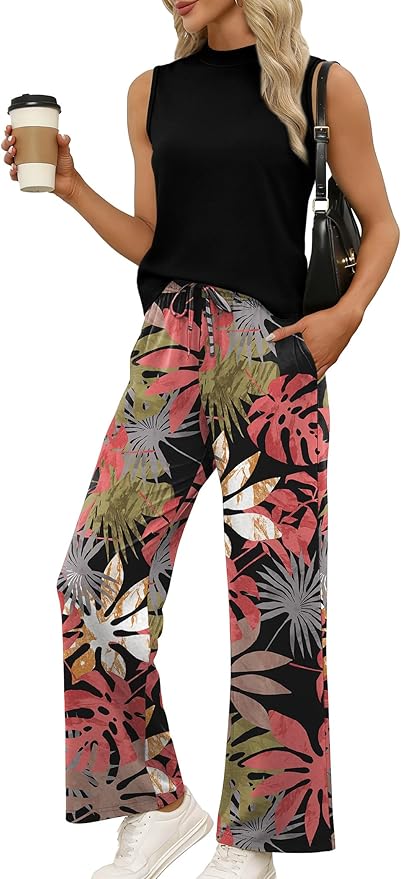 WIHOLL Two Piece Set for Women Summer Spring Outfits Cruise Travel Airport Beach Vacation Mock Neck Wide Leg Pants Set