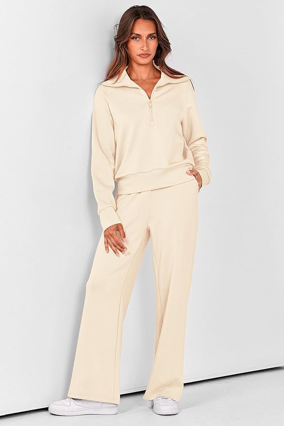 PRETTYGARDEN Women's 2 Piece Outfits Casual Lapel Half Zip Sweatshirts and Wide Leg Pants Tracksuit Sets