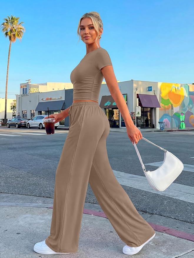 Trendy Queen 2 Piece Matching Summer Lounge Set Womens Side Ruching Top Wide Leg Pants Sets with Pockets