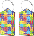 2 Pcs Luggage Tags for Suitcase, Cute Unique PU Leather Travel Bag Tag with Privacy Cover ID Label Address Card and Durable Metal Ring Suitable for Men Women Children Backpack,Jigsaw