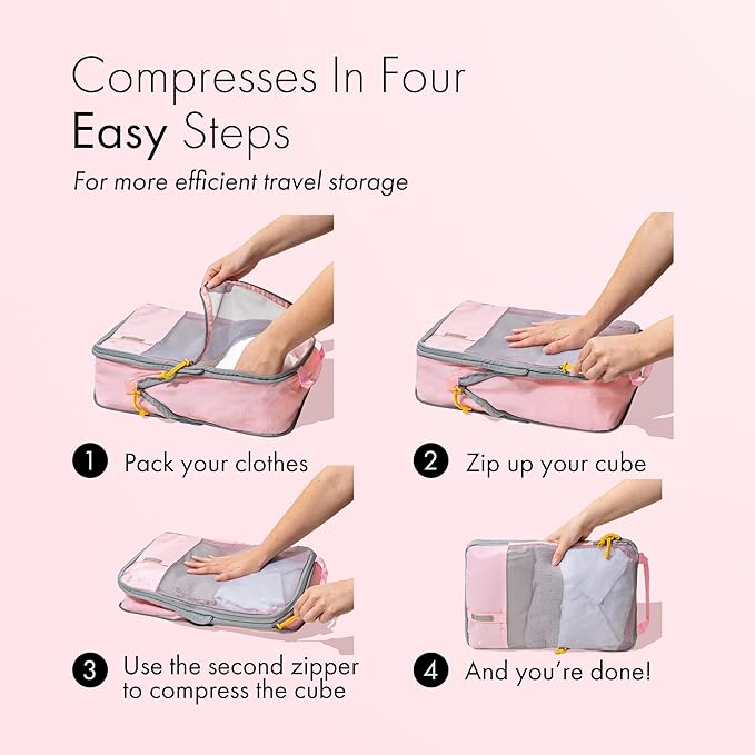 (Not Made In China) Compression Packing Cubes For Travel, Suitcase and Luggage Space Saver Organizer Bags, Lightweight, Waterproof, Durable, 6pc Set, Pink