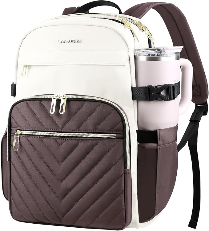 VANKEAN Laptop Backpack for Women with Pouch Pocket for Large Capacity Tumbler, 15.6 Inch Laptop Computer Bag Travel Backpack Purse,Waterproof Work Business College Teacher Bags, Beige-Coffee