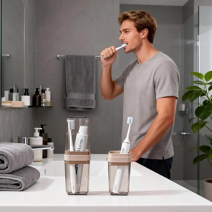 Toothbrush and Toothpaste Travel Case: 2-in-1 Portable Travel Toothbrush Case with Rinse Cups, Compact Dustproof Toothbrush Holder for Traveling, Camping, Trip, School, Bathroom
