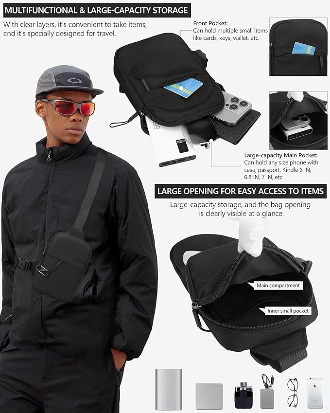 Peicees Small Anti-theft Sling Bag for Men Women Waterproof Mini Crossbody Backpack Chest Bag Travel Passport Phone Holder, Black