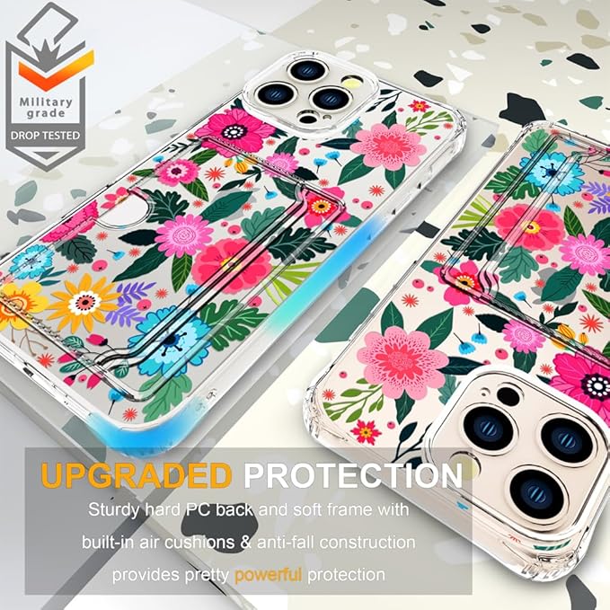Compatible with iPhone 16 Pro Case Card Holder for Women Cute Design,Wallet Phone Cases Transparent Cool Kawaii Protective (Clear Floral Spring Blossom)