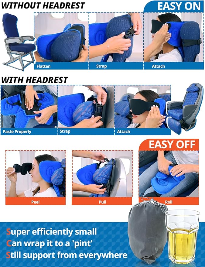 SARISUN Travel Pillows for Airplanes, Airplane Pillow with 3D Sleep Eye Mask, 360° Head Support, Stop Bobblehead Plane Travel Essentials, Adjustable Airplane Head Strap for Budget Airlines, Black