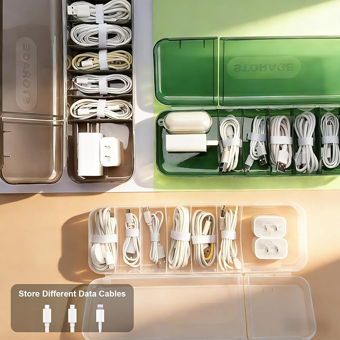 Charger Cable Cord Storage Organizer Box - 3 Pack With Lid - Easy Storage Without Cable Ties-Stackable Cord Organizer for Drawer
