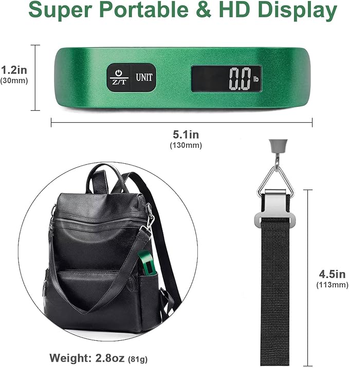 travel inspira Luggage Scale, Portable Digital Hanging Baggage Scale for Travel, Suitcase Weight Scale with Rubber Paint, 110 Pounds, Battery Included - Green