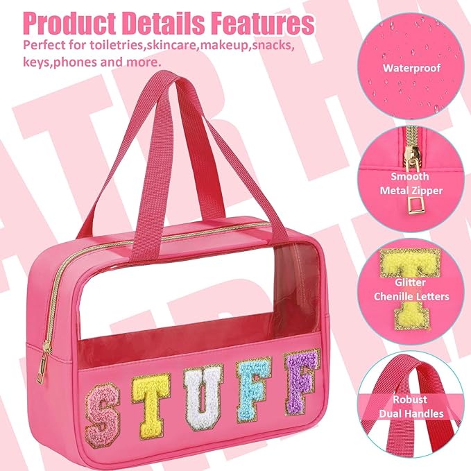 BuyCard Chenille Letter Patch Clear Travel Bags, Preppy PVC&Nylon Makeup Bag with Handle and Zipper, Waterproof Large Clear Travel Toiletry Bag Storage Bag for Women Girls