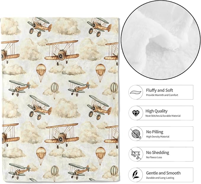 Vintage Aviation Throw Blanket,40x50in,Soft,Lightweight Flannel,Retro Biplane Hot Air Balloon Blankets - Gifts for Kids Boys Girls,Airplane Lovers,For Couch Office Travel,Home Living Room Decor