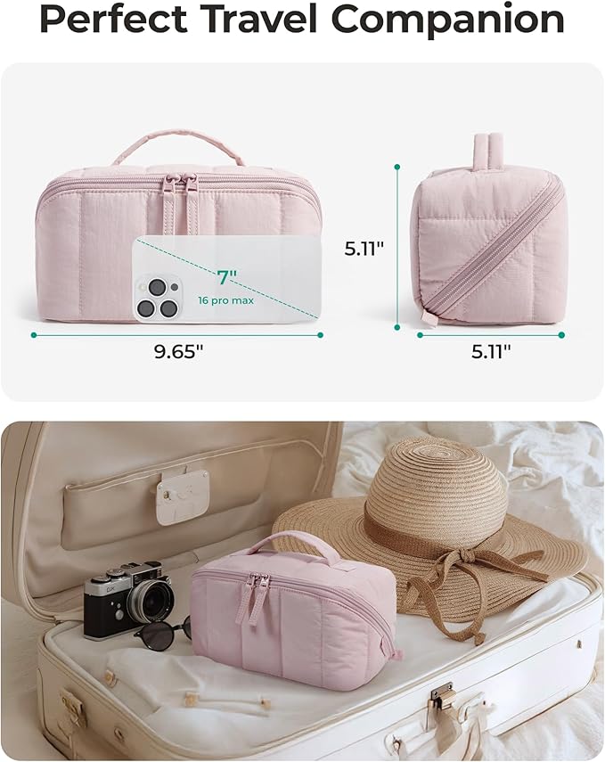 BAGSMART Travel Makeup Bag for Women, Portable Water-resistant Cosmetic Case, Puffy Padded Make Up Organizer Pouch, Open Flat Toiletry Bag for Toiletries, Brushes, Light Beige