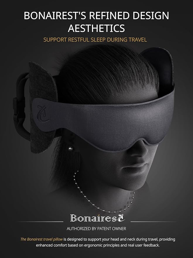 Travel Pillow, Airplane Neck Pillow for Long Flight, Oversized Head Strap with 3D Eye Mask for Sleep, 360°Support Headrest, Stop Bobblehead, Ultimate Travel Essentials for Men Women Grey
