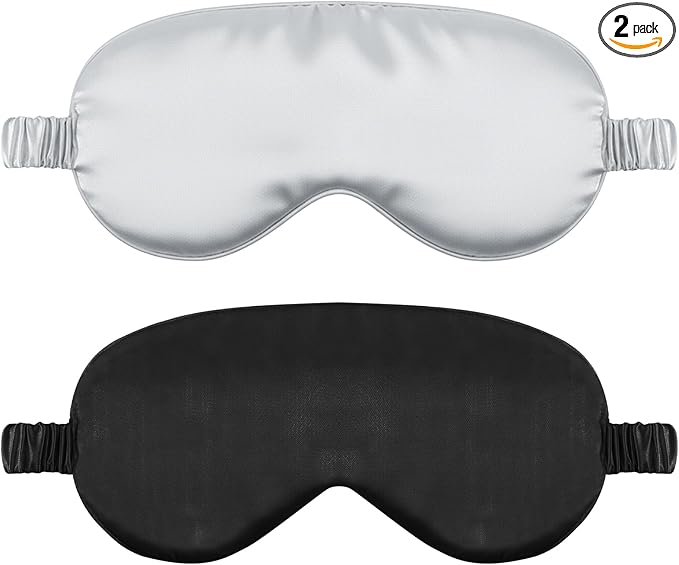 2 Pack Sleep Mask Silk Eye Mask Cover for Sleeping, Soft Satin Blindfold with Elastic Strap, Comfortable Night Sleeping Masks for Women Men(Black&Silver)
