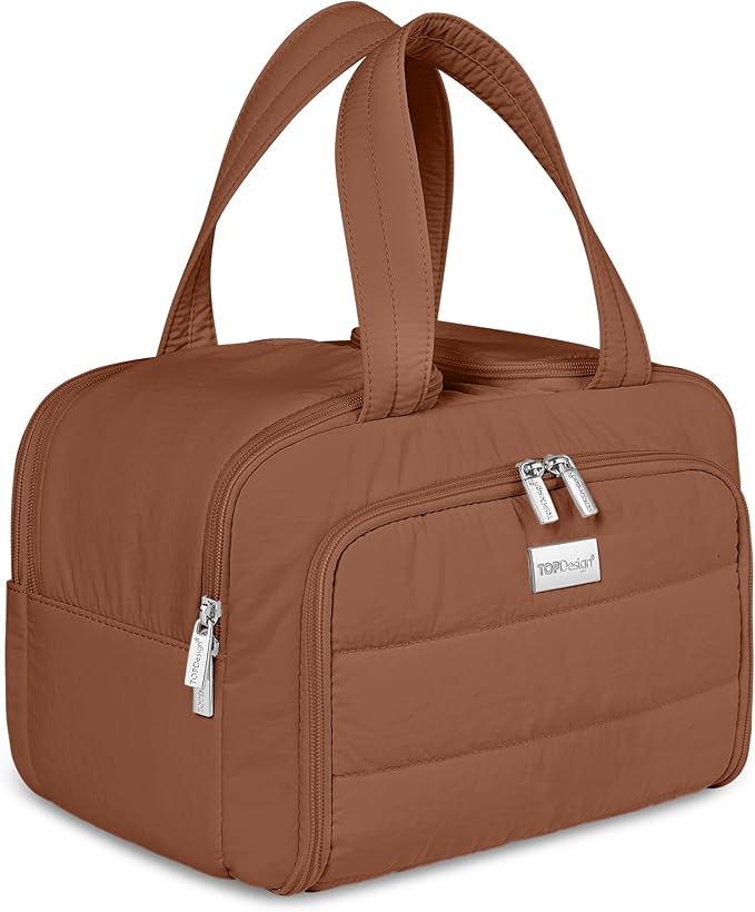 TOPDesign Travel Toiletry Bag for Women, Puffer Large Toiletry Bag, Lightweight Cosmetic Makeup Organizer with Handle for Traveling, Accessories, Essentials, Toiletries (Brown)