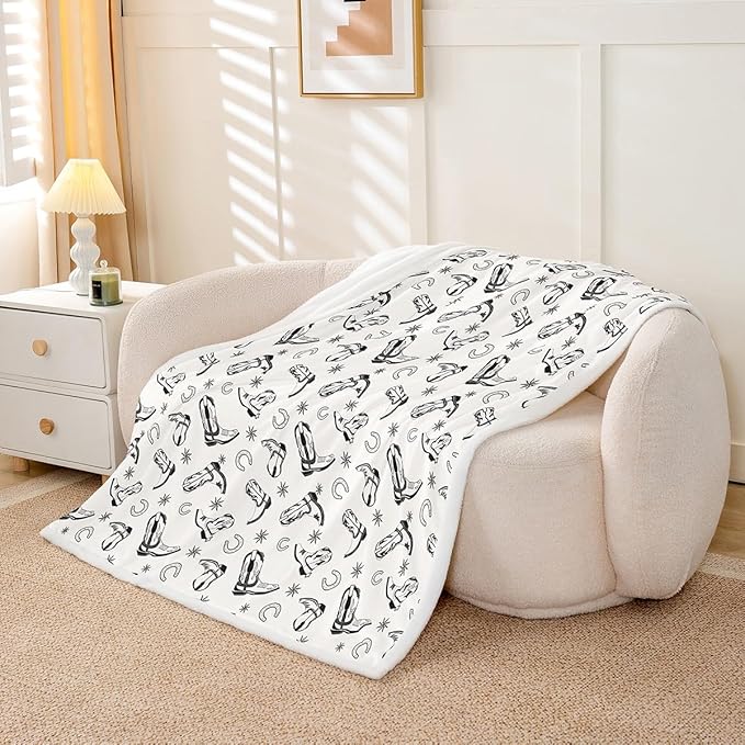 Western Cowboy Kids Throw Blanket,Horseshoe Cowboy Boots Vintage Bed Blanket for Girls Boys Adults,Western Texas Star Tribal Fleece Blanket,Simple Chic Fuzzy Blanket,Throw Size (50 x 60 Inches)