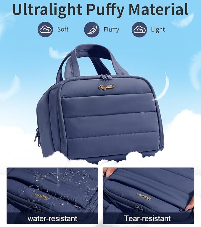 Bagstellar Travel Toiletry Bag for Women, Lightweight Large Quilted Puffy Makeup Bag Wide-open Make up Organizer Cloud Cosmetic Bag w/Handle for Traveling Toiletries Essentials Accessories Navy Blue