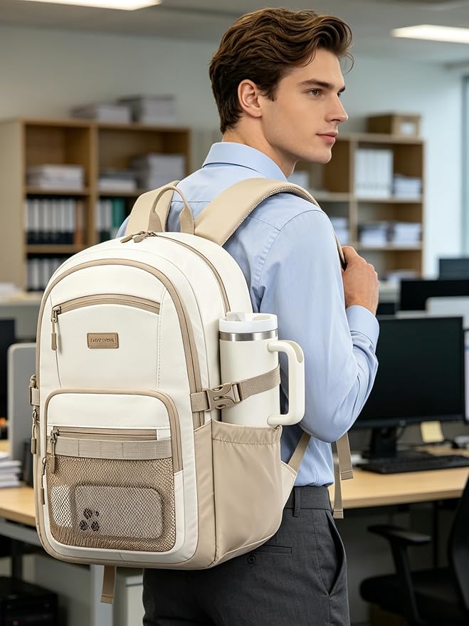 LOVEVOOK Laptop Backpack Women with 40oz Cup Holder Buckle Strap, 17.3 Inch Tech-Ready Work Backpack, TSA-compliant for Travel & College with Versatile Mesh Pocket, Oatmeal Cream