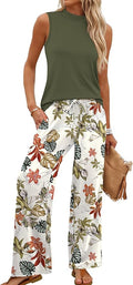 WIHOLL Two Piece Set for Women Summer Spring Outfits Cruise Travel Airport Beach Vacation Mock Neck Wide Leg Pants Set