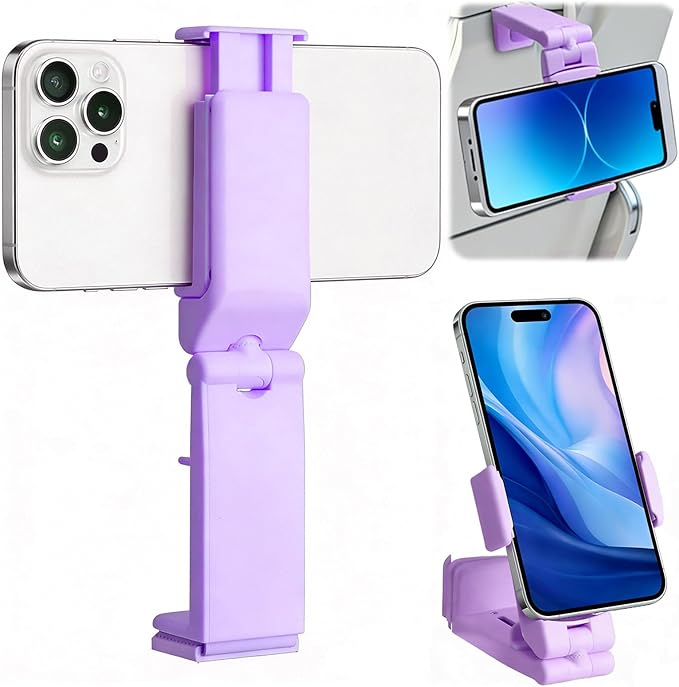 Airplane Phone Holder, Foldable Phone Holder for Airplane Seat Back Luggage Pole Desk 360° Rotation for Multi-Directional Viewing, Travel Essentials Holds Cell Phones (Purple 1pcs)