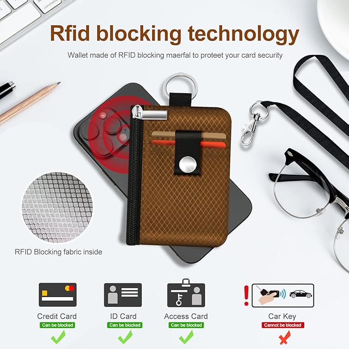 Minimalist RFID Blocking Small Wallet with ID Window,WaterResistant Zip Id Case Wallet with Lanyard Keychain for Cards,Cash,Travel,Women,Men (Brown)