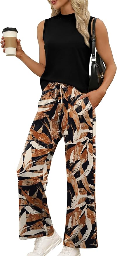 WIHOLL Two Piece Set for Women Summer Spring Outfits Cruise Travel Airport Beach Vacation Mock Neck Wide Leg Pants Set