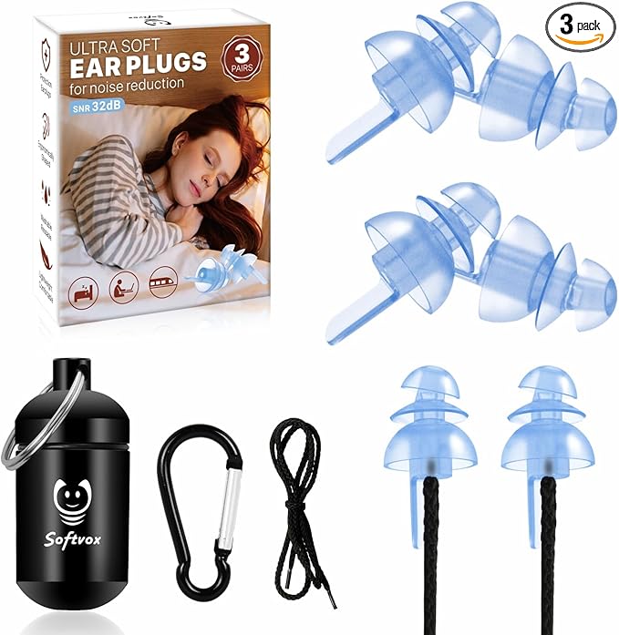 Ear Plugs for Sleeping 3 Pairs, Reusable Silicone Earplugs Sound Proof Noise Cancelling for Side Sleeper Study Travel Working Snoring Blocking -32dB Hearing Protection, with Cord & Case, Blue