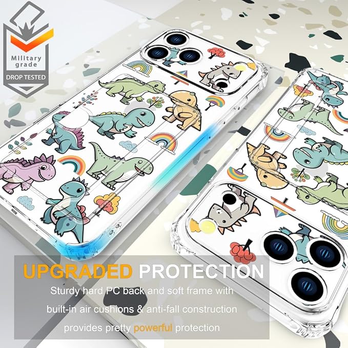 Compatible with iPhone 17 Pro Case Card Holder for Women Cute Design,Wallet Phone Cases Transparent Cool Kawaii Protective (Clear Lovely Dinosaurs)