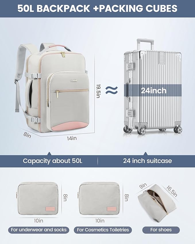 LOVEVOOK Travel Backpack for Women & Men 50L,Airline Approved Carry On Backpack Travel Essentials,TSA Carry on Luggage,Waterproof Personal Item Travel Bag,Suitcase with 3 Packing Cubes,Light gray-Pink