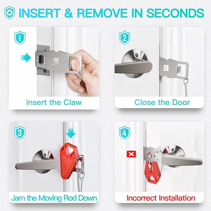 HELEMAN Portable Door Lock for Travel Essential: 4Pack Upgraded Hotel Home Security Safety Locks from Inside Apartment Traveling Front Door Room Security Devices Travel Gifts for Travelers Women