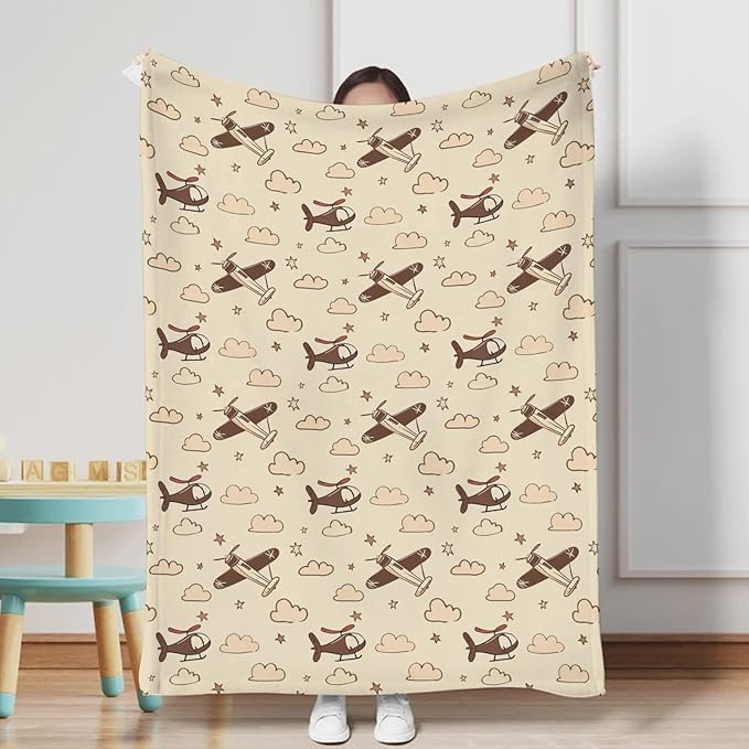 Unisex Plane Nursery Baby Throw Gift Blanket for Boys Girls, Cartoon Helicopters Clouds Stars Pattern Swaddle Receiving Bed Blanket for Newborn Toddlers Kids-50x60