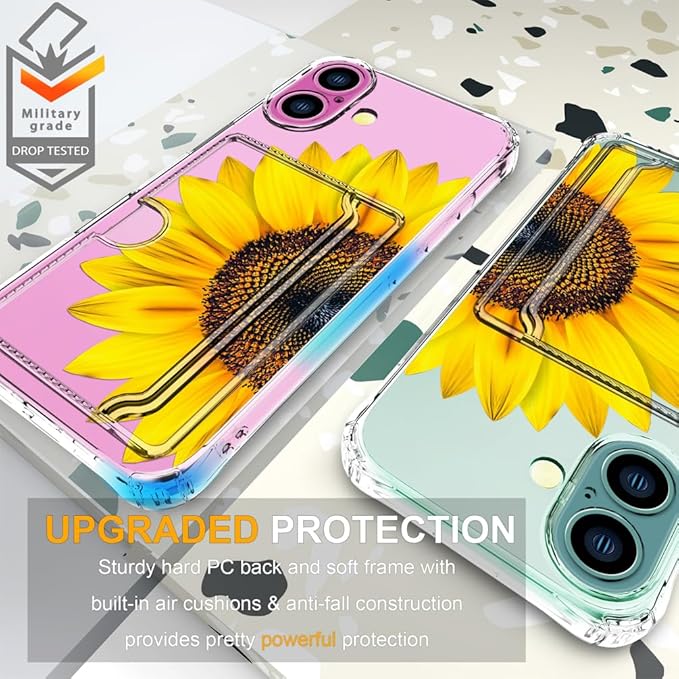 Compatible with iPhone 16 Plus Case Card Holder for Women Cute Design,Wallet Phone Cases Transparent Cool Kawaii Protective (Clear Sunflower Sun Flower)