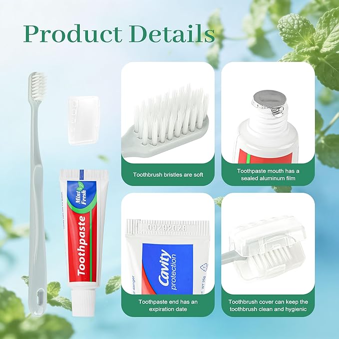 Travel Toothbrush Kit Bulk, Toothbrush Toothpaste Set, Hygiene Kit Bulk with Floss Picks, Comb, Protective Case, Individually Packaged, Suitable for Home, Travel, and Hotels (15-Pack)