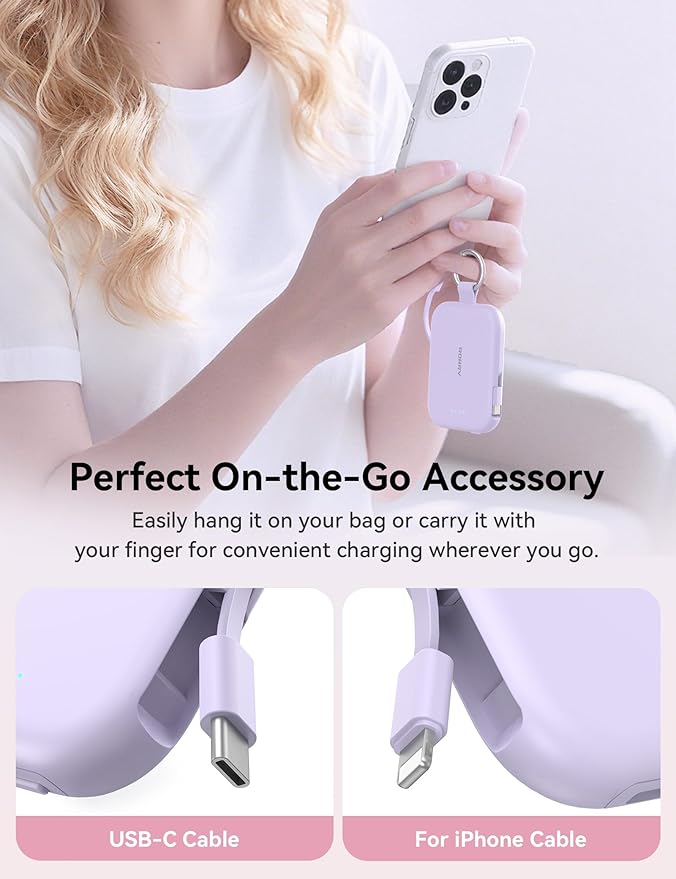 RORRY Portable Charger, 5000mAh Portable Charger Power Bank with Built-in Cables, Travel Keychain Charger Battery Pack for iPhone 17/16/15/14/13/12, for AirPods 2/3/4/Pro, Purple
