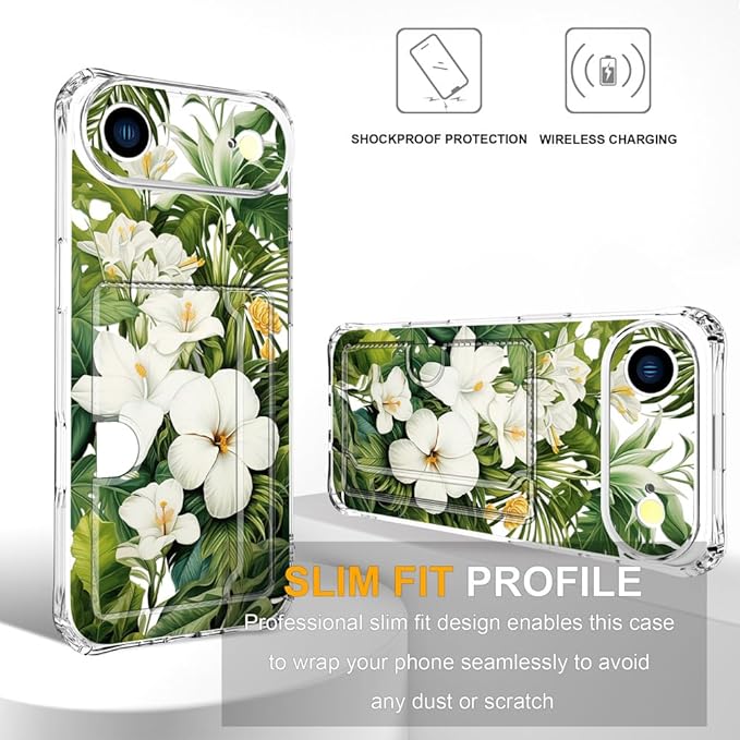 Compatible with iPhone 17 Air Case Card Holder for Women Cute Design,Wallet Phone Cases Transparent Cool Kawaii Protective (Clear Green Flowers Tropical Jungle)