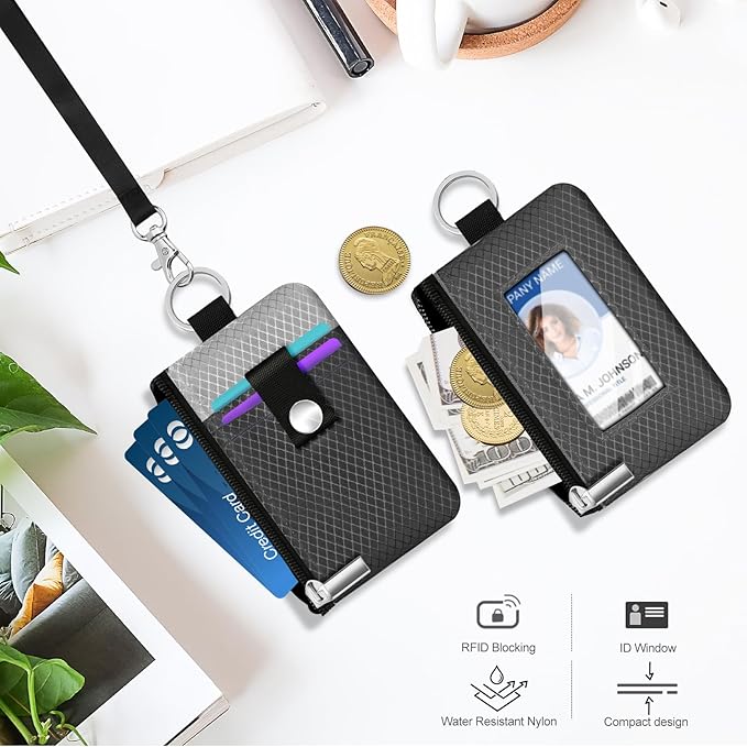 Minimalist RFID Blocking Small Wallet with ID Window,WaterResistant Zip Id Case Wallet with Lanyard Keychain for Cards,Cash,Travel,Women,Men (DardGray/LightGray)