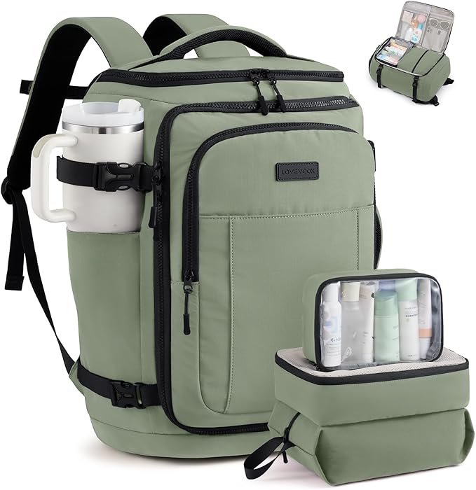 LOVEVOOK Travel Backpack for Women & Men, 50L Large Carry On or Checked Luggage, Waterproof Hiking Backpack with 3 Packing Cubes for 5+ Day Trips, Camping & Backpacking Essentials, Slate Green-Black