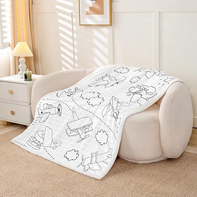 Cartoon Airplane Kids Throw Blanket,Cloud American Aircraft Cute Bed Blanket for Girls Boys Adults,Geometric Grids Patchwork Fleece Blanket,Black White Fuzzy Blanket,Twin Size (60 x 80 Inches)