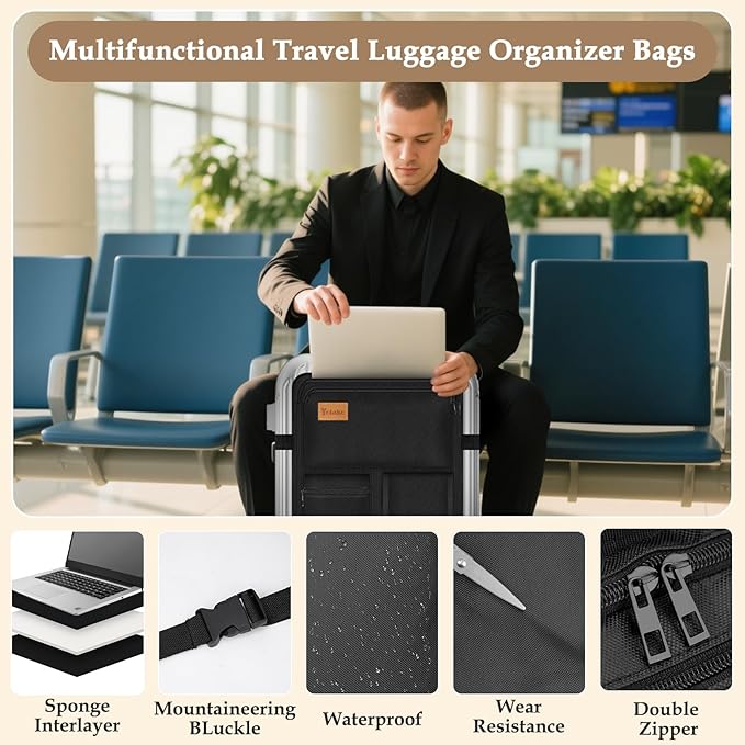 Yotako Over Luggage Organizer for Suitcase or Carry On Bag with 7 Storage Pockets-16” Laptop Sleeve with Handle and Adjustable Straps, Fits 20-30” Suitcase Travel Accessories Bag (Black)