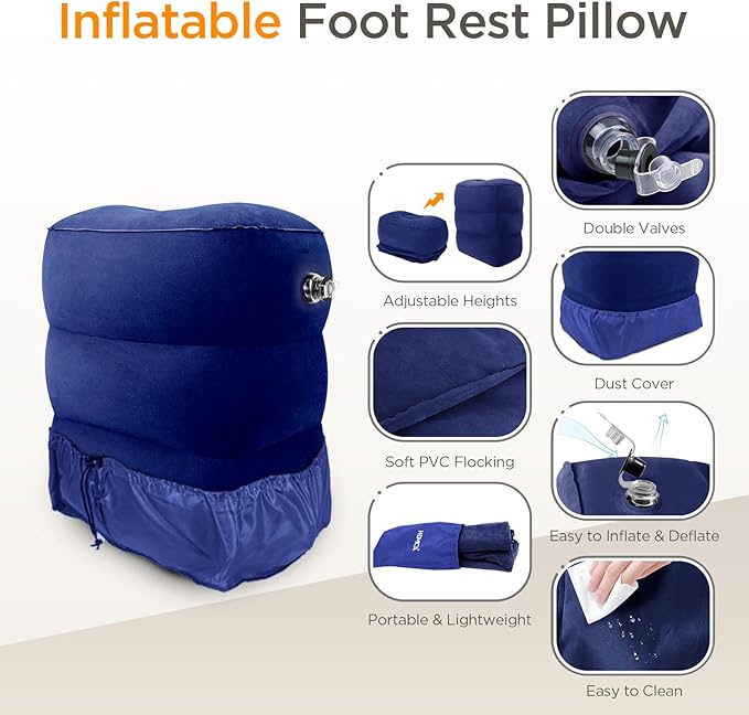 HOMCA Inflatable Travel Foot Rest Pillow (2-Pack) Adjustable Height Leg Pillow Fast Inflating Airplane Bed for Toddlers Footrest Pillow for Office, Airplane, Train, Cars, Home (Blue)