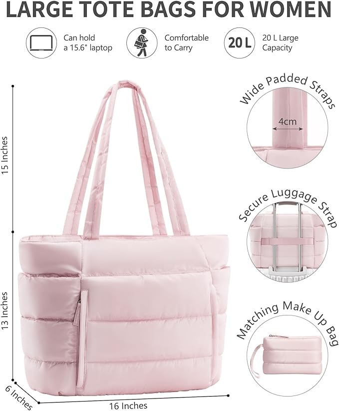 Bagstellar Puffer Tote Bag for Women, Lightweight Puffy Work Handbag Teacher Nurse Quilted Shoulder Bag for School Travel Gym | Cloud Bag w/ Zipper, Daily College Bags, 15.6" Computer Bag, Clinical Nursing Bag, 40 OZ Tumbler Holder, Ideal Gift for Women