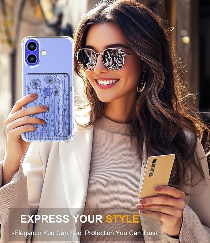 Compatible with iPhone 16 Plus Case Card Holder for Women Cute Design,Wallet Phone Cases Transparent Cool Kawaii Protective (Clear Black Flower Bouquet)