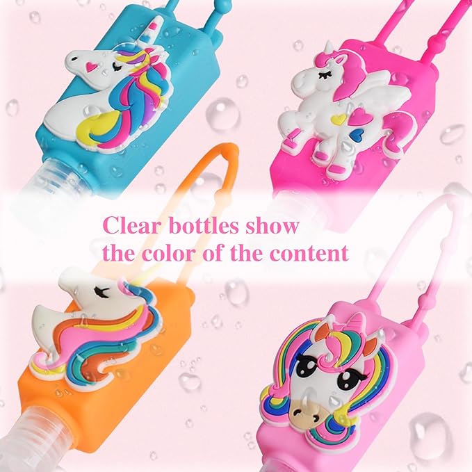 Refillable Travel Bottles Containers, 4 Pack Hand Sanitizer Travel Size Holder with Empty Silicone Bottles Case Keychain Carrier, Leak Proof Portable Bottle for Liquid Soap, Lotion (Unicorn)