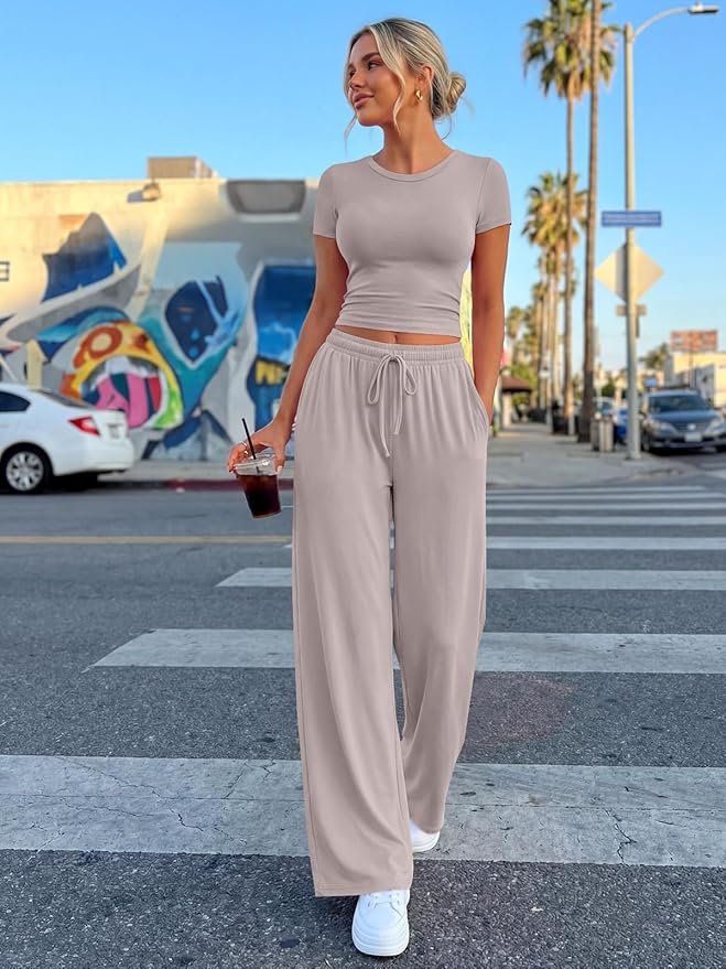Trendy Queen 2 Piece Matching Summer Lounge Set Womens Side Ruching Top Wide Leg Pants Sets with Pockets
