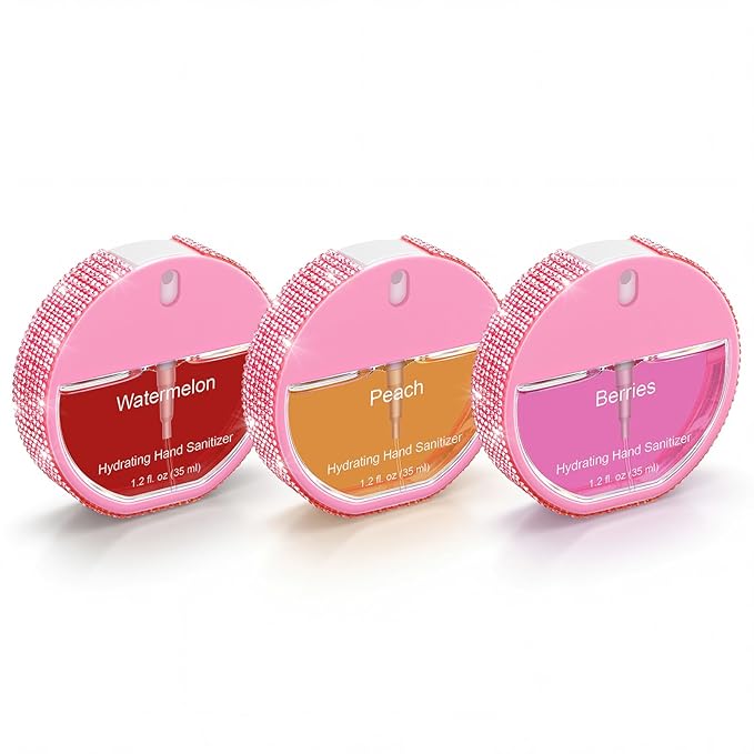 3 Pcs Power Mist Hydrating Hand Sanitizer Spray Bulk Travel Size Hand Sanitizer Spray Pocket 1.2 oz Pink Circular Bottle with Diamonds for Daily Use Mother's Day End of Year Teachers Gifts
