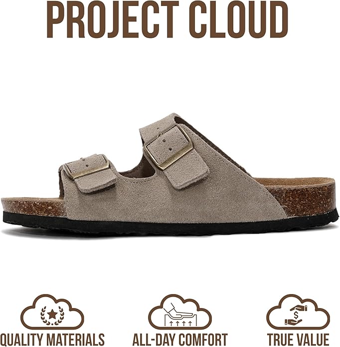 Project Cloud 100% Genuine Leather Flat Sandals For Women 2026 Cork Footbed Womens Sandals with Memory Foam and arch support Vacation Essentials Slides for Women Footwear (Venita)