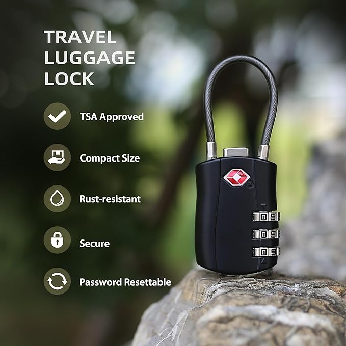 TSA Locks for Luggage, Small Padlock Combination with Cable, Luggage Locks TSA Approved, Combo Padlock with Code, for Travel Suitcase, Gym Locker, Gun Case, Backpack Zipper (Black+Black)