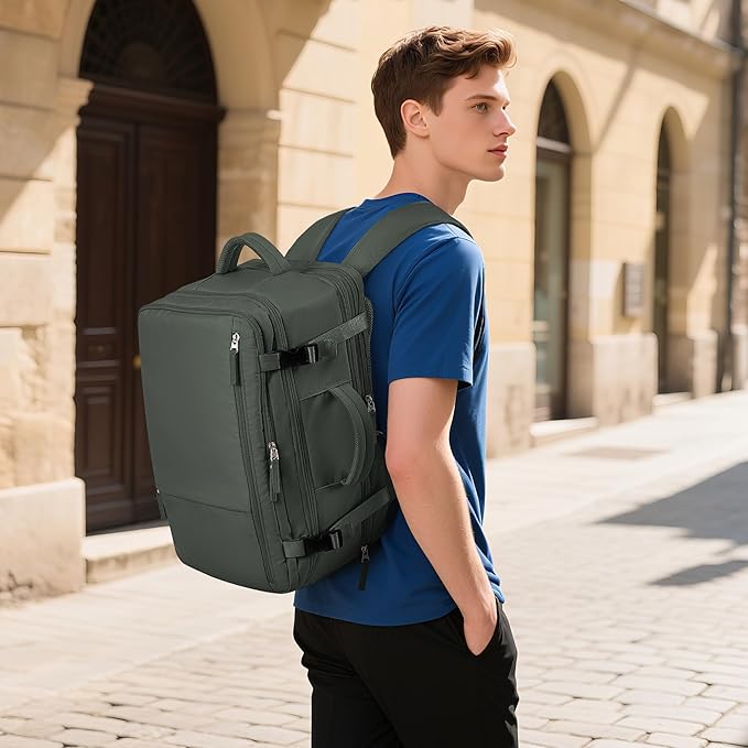 Hanples Travel Backpack as Personal Item Travel bag Flight Approved, 35L Carry on Backpack, 17 Inch Laptop Backpack, Waterproof Backpack, Casual Bag with 2 Toiletry Bags (Olive Green)