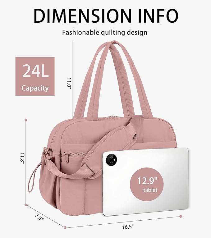 Lightweight Travel Duffle Bag for Women, Quilted Puffy Weekender with Wet Pocket for Gym, Overnight, Personal Item Carry On, Dark Pink