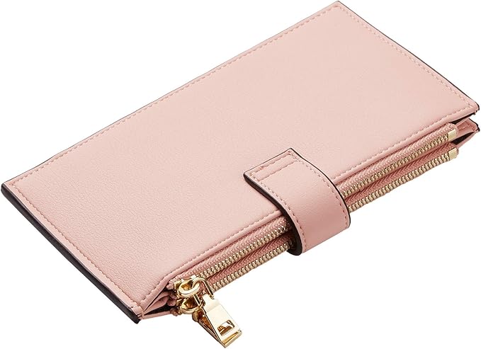 Travelambo Womens Wallet Slim RFID Blocking Bifold Credit Card Holder Wallet with 16 Card Slots, 2 Zippered Pockets (Pink Lotus)